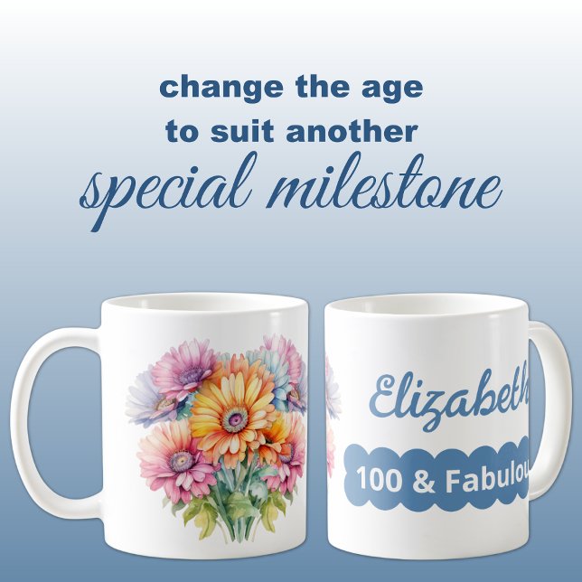 Mug 100e anniversaire nom gerbera fleurs bleu (Créateur téléchargé)