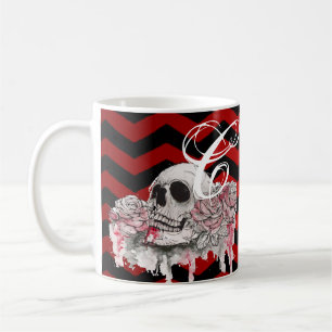 Mug 11 Oz. Café Mugskull Rose goth Chevron noir rouge