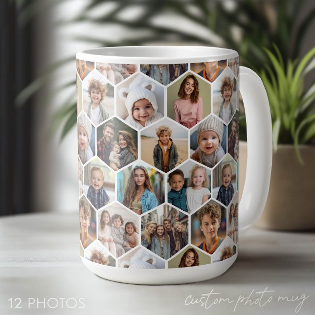 Mug 12 Collage de photos - motif hexagonal funky (Custom Photo Mug - Makes a Great Gift)