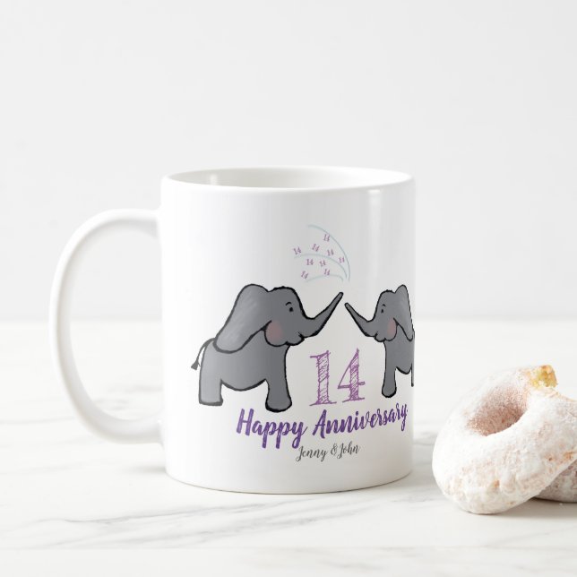 Mug 14e anniversaire de mariage ivoire éléphant mignon (Avec donut)