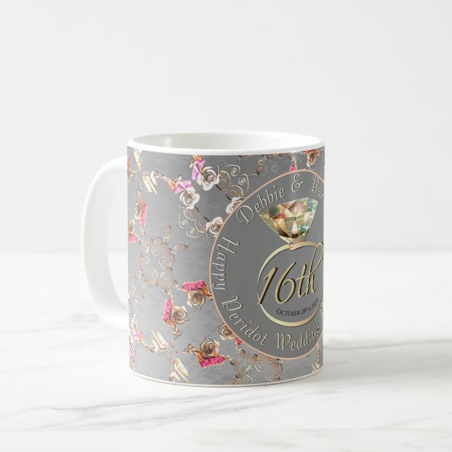Mug 16e anniversaire Mariage cire, Statice, Peridot (Devant gauche)
