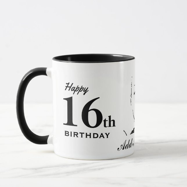 Mug 16e anniversaire Sweet 16 typographie noir blanc (Gauche)