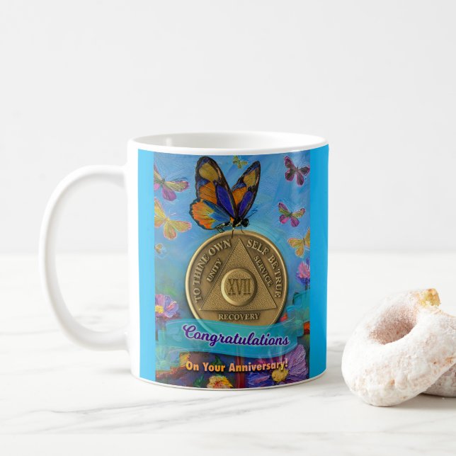Mug 17 Année AA Pièce Félicitations Papillons (Avec donut)