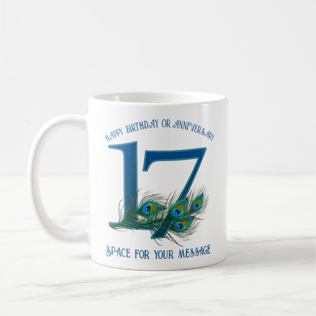Mug 17th Birthday Or Anniversary Peacock Feather (Gauche)