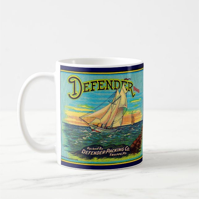 Mug 1910s Défenseur marque emballage étiquette voilier (Gauche)