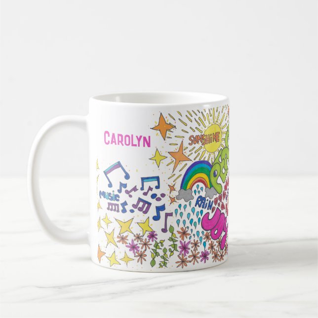 Mug 1960 art rétro. Paix, Amour, Joie. Votre nom (Gauche)