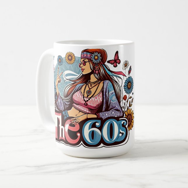 Mug 1960 Hippie fille poussin signe de paix doigts art (Devant gauche)