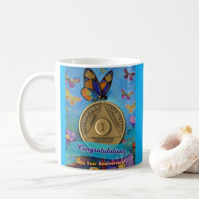 Mug 1 An Pièce de monnaie AA Félicitations Papillons (Avec donut)