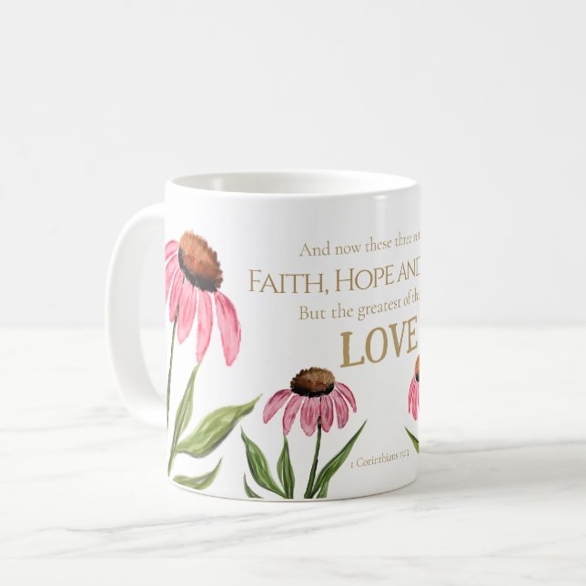 Mug 1 Corinthiens 13:13 Foi Espoir Aimer Rose Floral (Devant gauche)