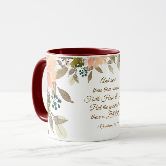 Mug 1 Corinthiens 13:13 Foi Espoir Amour Bible Verse (Devant gauche)