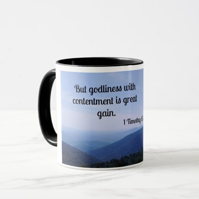 Mug 1 Timothée 6:6 Mais la piété avec le contentement  (Devant gauche)