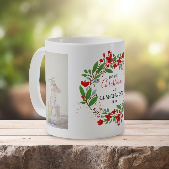 Mug 1er Noël | Couronne florale de grands-parents 2 Ph (Créateur téléchargé)