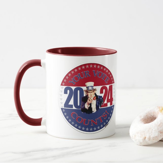 Mug 2024 Rouge et Bleu Votre Vote Compte Oncle Sam (Avec donut)