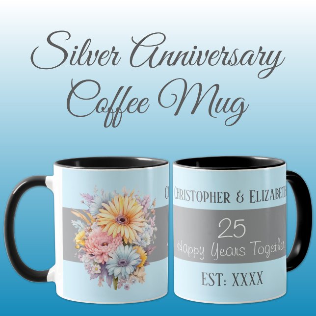 Mug 25e anniversaire argent fleurs noms bleu (Créateur téléchargé)