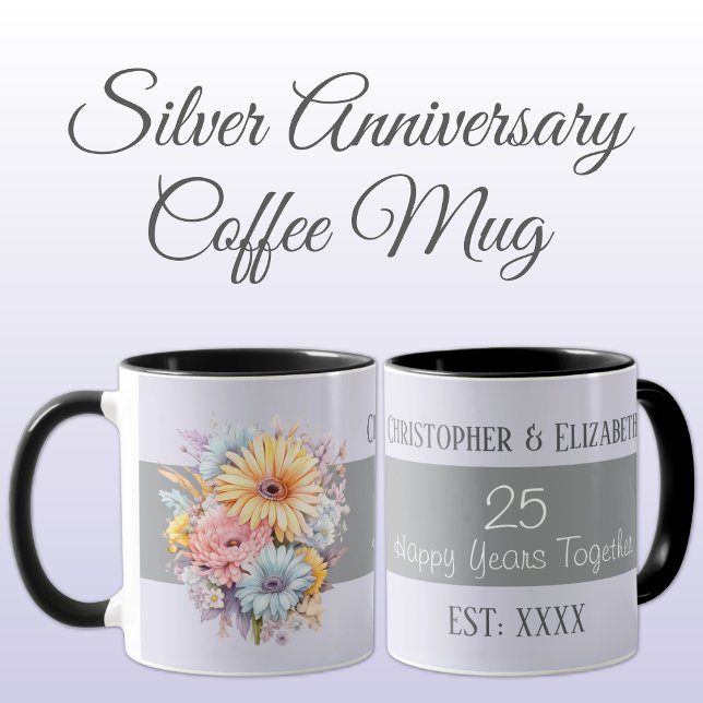 Mug 25e anniversaire argent fleurs noms pourpre (Créateur téléchargé)