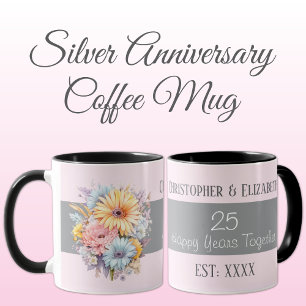 Mug 25e anniversaire argent fleurs noms rose