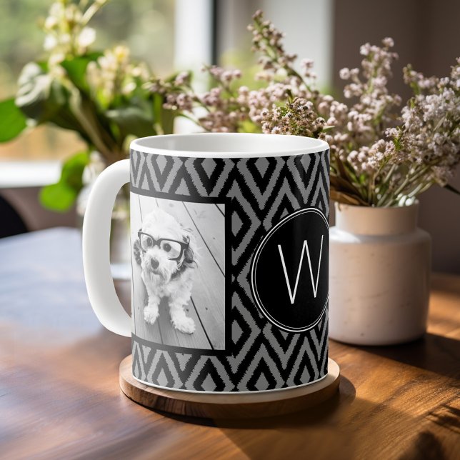 Mug 2 Collage photo - Black Grey Ikat et Monogram (Personalized Coffee Mug)