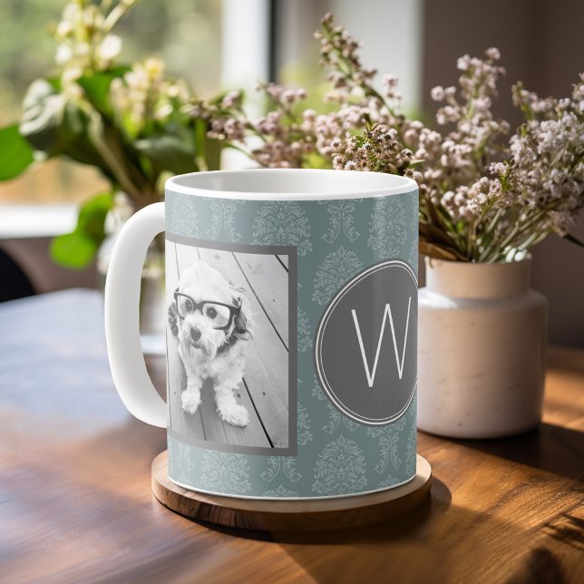 Mug 2 Collage photo - Damask Blue et Monogram (Mug template with a place for photos and custom text)