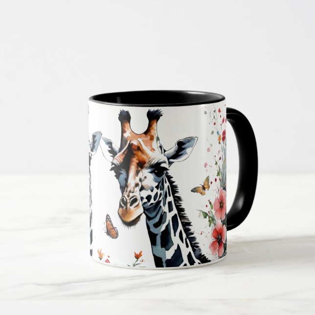 Mug 2 Giraffes adorables Floral aux papillons (Devant droit)