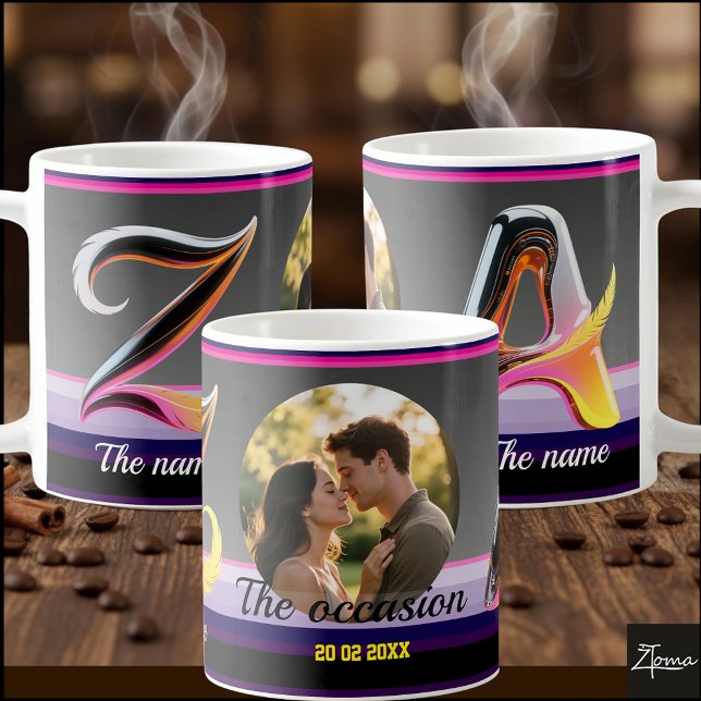 Mug 2 lettres, 2 noms, une occasion, une image & Date (EDIT to change the occasion, names, date, & picture & also choose from 26 decorative characters.)
