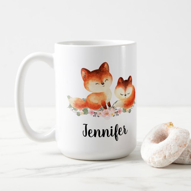 Mug 2 mignons Petits Renards Rouges Aquarelle Design (Avec donut)