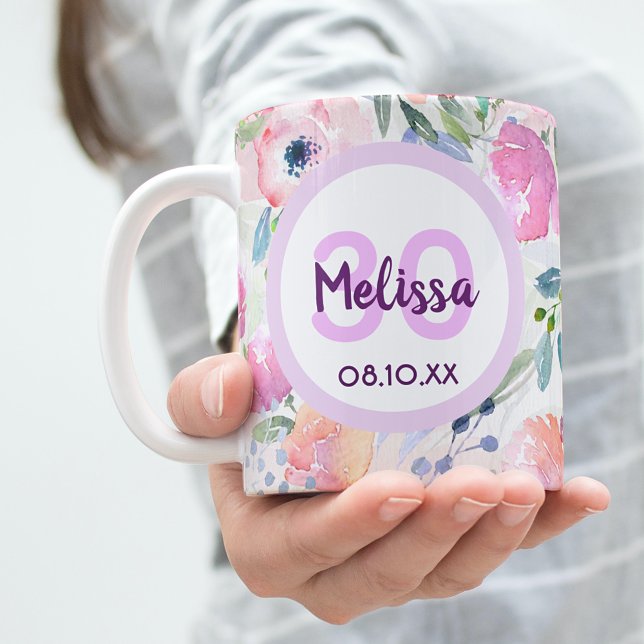 Mug 30e anniversaire boho chic aquarelle fleurs roses (Créateur téléchargé)