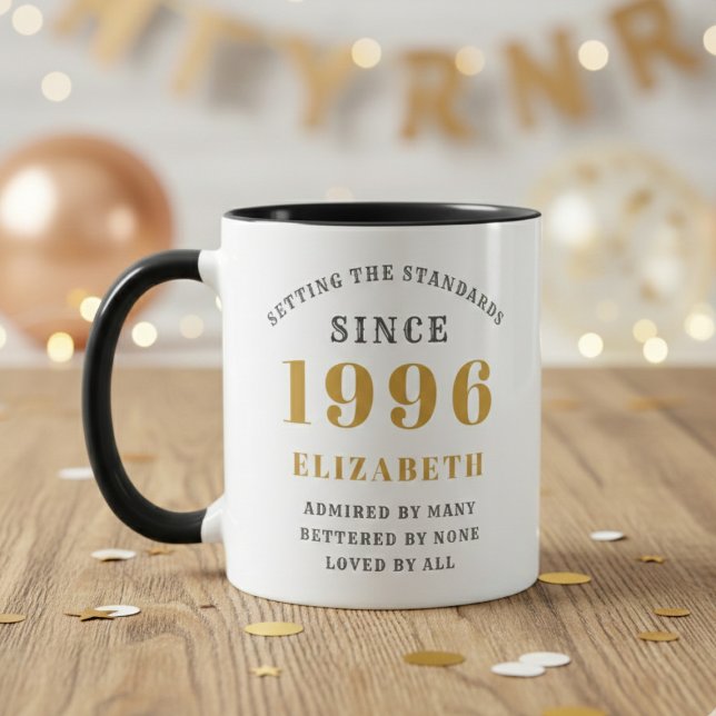 Mug 30th Birthday 1996 Add Name Elegant (Born 1996 birthday gift mug. Wood table out of focus background.)