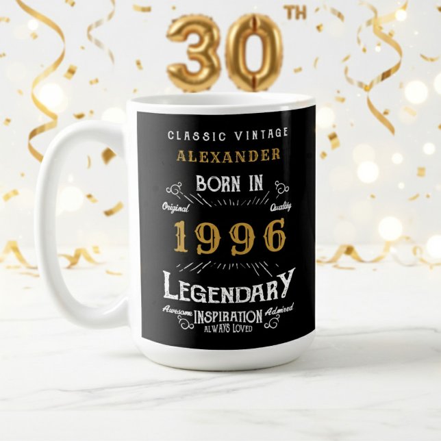 Mug 30th Birthday 1996 Legendary Retro (1996 coffee mug with white and gold background.)