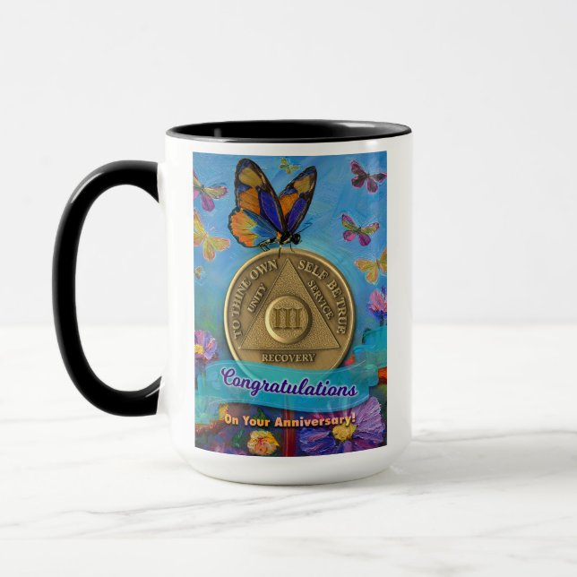 Mug 3 ans NOM PERSONNALISÉ AA Papillons Fleurs (Gauche)