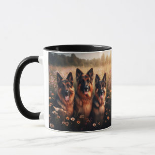 Mug 3 bergers allemands dans un champ de fleur sauvage