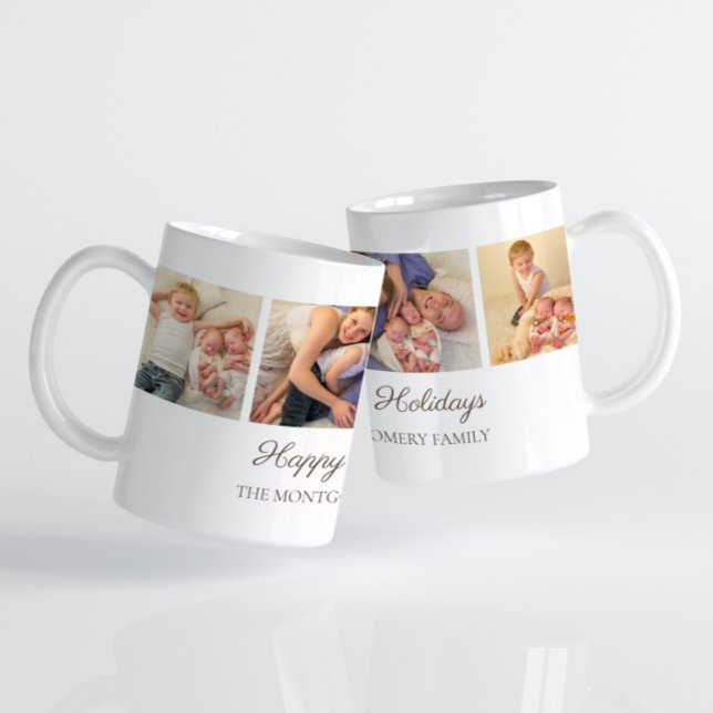 Mug 3 Collage de photos de famille Joyeux Noël  (3-photo "Happy Holidays" Christmas photo mug with custom text.)