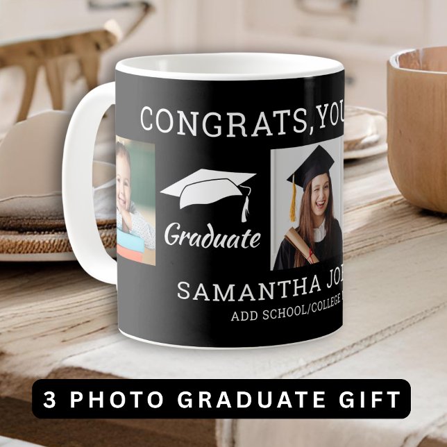 Mug 3 Collage photo Félicitations Grad 2025 Noir (3 Photo Collage Congratulations Grad 2025 Black Coffee Mug)
