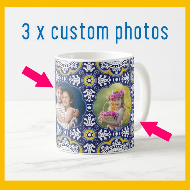 Mug 💛💙3 images et texte, Méditerranéen Azulejo (Créateur téléchargé)