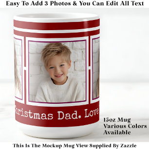 Mug 3 Photos, Long Message, Rouge Noël, Moderne P31