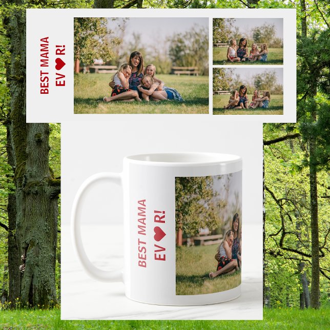 Mug 3 Photos Meilleure Maman du Monde Collage de Photo (Best Mama Ever, heart. Photo collage, 3 personalized photos. Elegant, Modern Mother's Day bday gift)