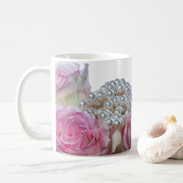Mug 4008-Roses roses roses et blanches avec perles de  (Avec donut)