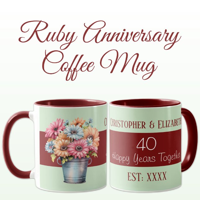 Mug 40e anniversaire de rubis fleurs noms vert (Créateur téléchargé)