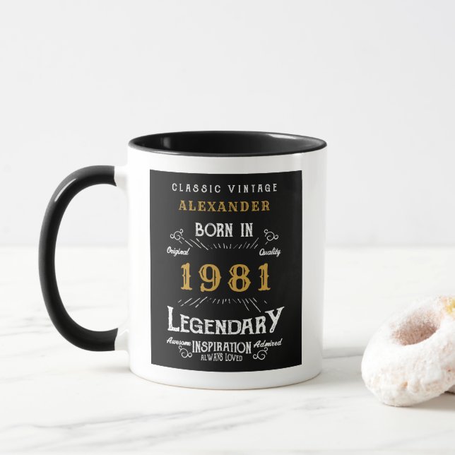 Mug 40e anniversaire Né 1981 Noir rétro Personnalisé (Avec donut)