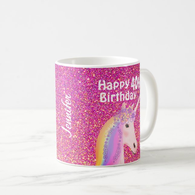 Mug 40e anniversaire Parties scintillant rose Unicorne (Devant droit)