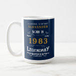 Mug 40th Birthday Born 1983 Ajouter Nom Blue Gold Lege<br><div class="desc">Pour ceux qui fêtent leur anniversaire, nous avons la tasse d'anniversaire idéale. L'arrière - plan bleue au design blanc et doré est simple, mais élégante et rétro. Customisez facilement le texte à l'aide du modèle fourni. Plus de cadeaux et de fournitures de fête disponibles avec le design "légendaire" dans le...</div>