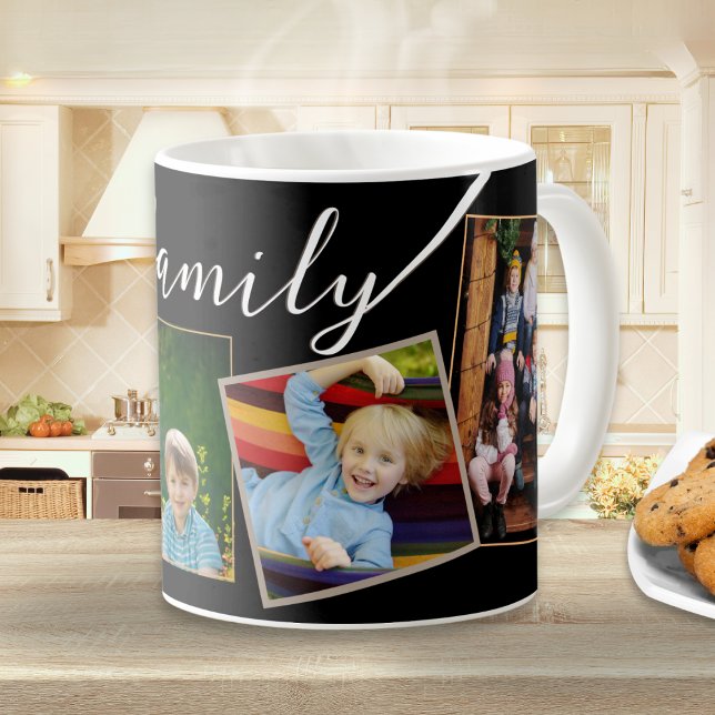 Mug 4 Photos Cadre de Collage de Photos sur le Thème d (A stylish ceramic coffee mug, with 'family' heading, to customize with a gallery of four photos)