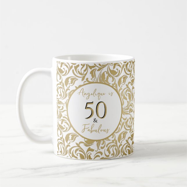 Mug 50 ans et fabuleux motif floral décoratif or (Gauche)