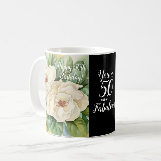 Mug 50 Et fabuleux 50e anniversaire noir floral (Devant gauche)