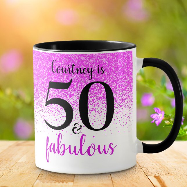 Mug 50 et fabuleux nom de script de confetti rose chau (Créateur téléchargé)