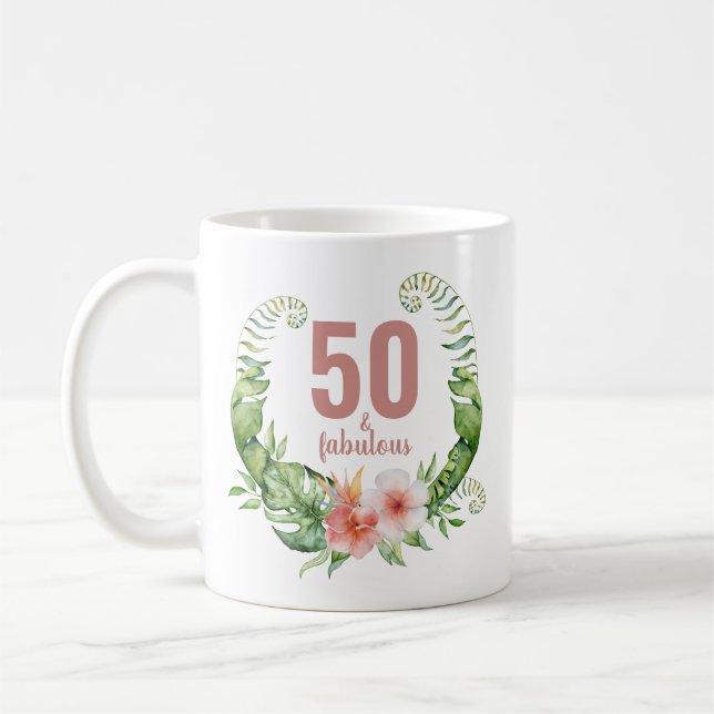 Mug 50 et fabuleux script rose pâle élégant anniversai (Gauche)