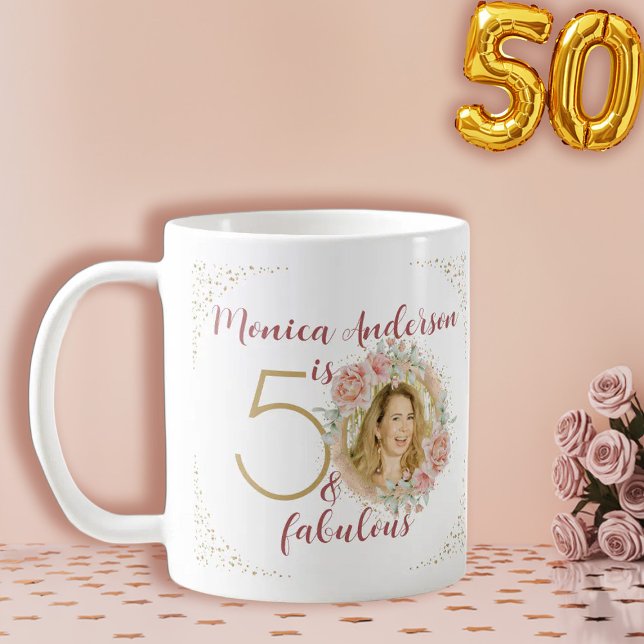 Mug 50 et Fabulous Aquarelle Floral Nom photo (50 and Fabulous Watercolor Floral Photo Name Coffee Mug)