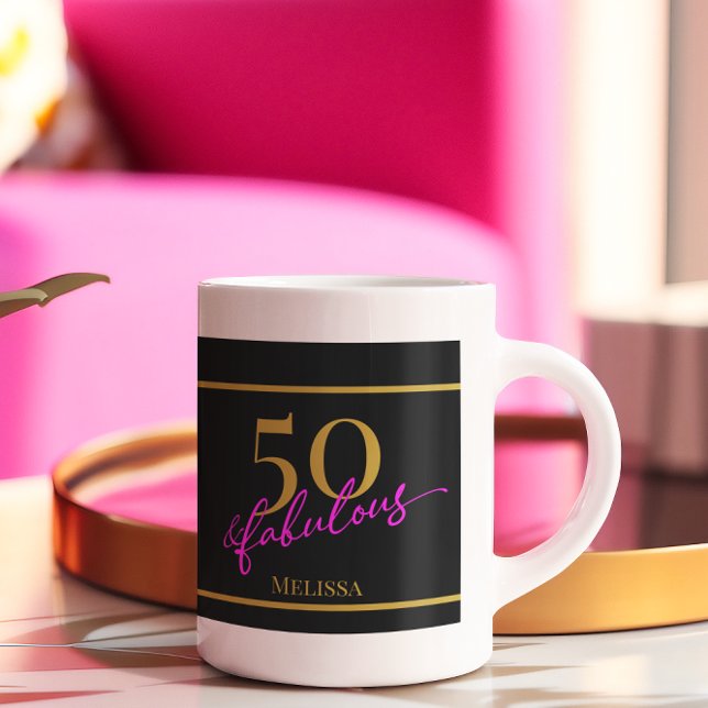 Mug 50 et Fabulous Black Gold Rose (Chic 50 and Fabulous coffee mug for 50th birthday gold and pink typography on black background)