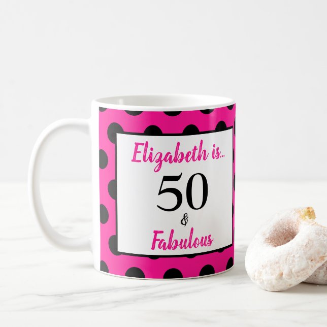 Mug 50 et Fabulous Bold rose avec Pois noirs (Avec donut)