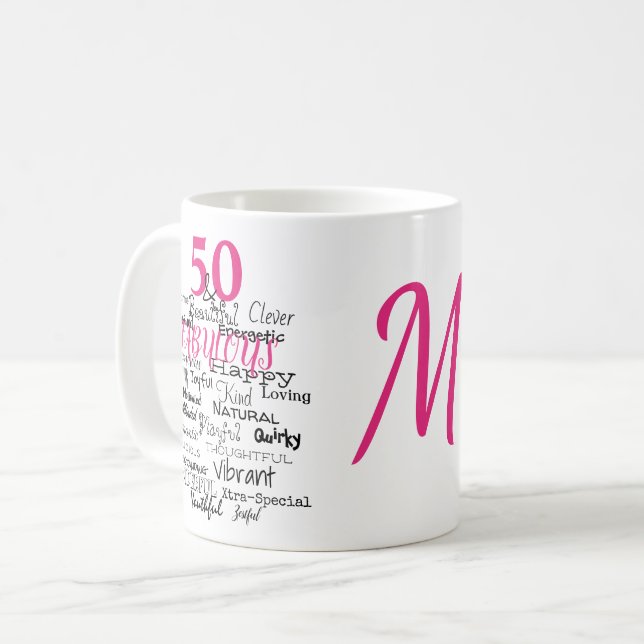 Mug 50 & Fabuleux Anniversaire Pink Typographie Monogr (Devant gauche)