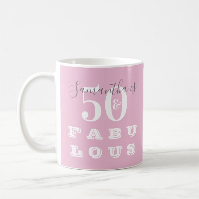 Mug 50e anniversaire 50 fabuleux rose gris personnalis (Gauche)